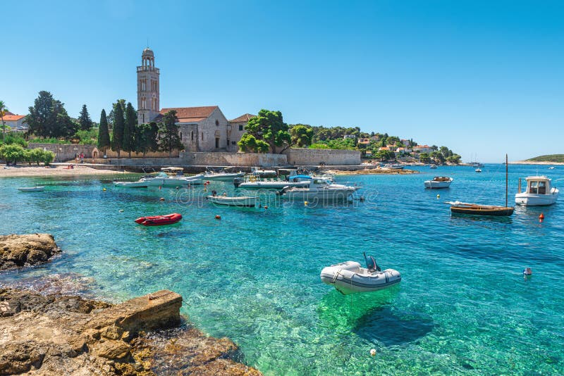 Turquoise Water of Adriatic Sea Bay on Hvar Island with Franciscian and Boats in Dalmatia Region, Croatia Stock Photo - Image of harbor, coast: 226216278