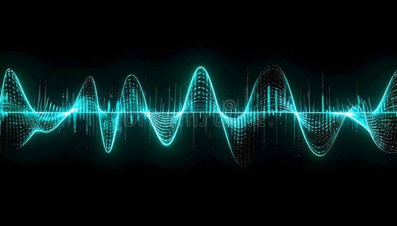 Turquoise Waveform Visualization Glowing Dots and Lines on Black Background stock illustration