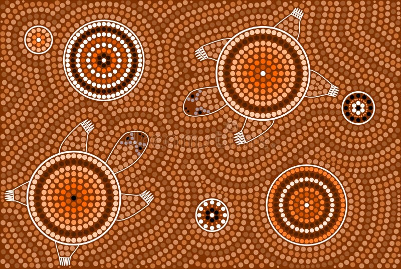 A illustration based on aboriginal style of dot painting depicting turtle. Australian aboriginal border illustrations