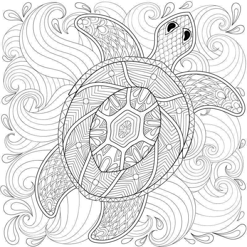 Turtle In Ocean Waves, Zentangle Style. Stock Vector 