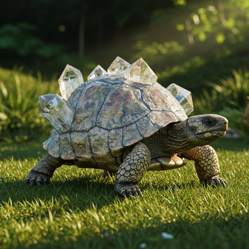 A turtle stands on grass, featuring an unusual shell adorned with large, clear crystal royalty free illustration