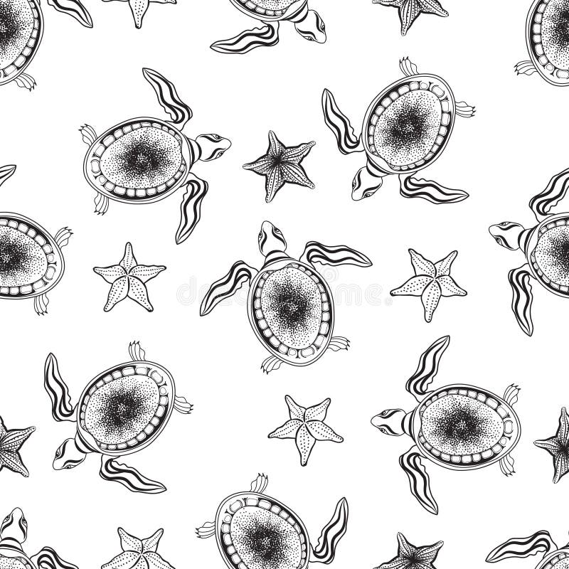Turtle and starfish seamless pattern. Marine underwater backgrou stock illustration