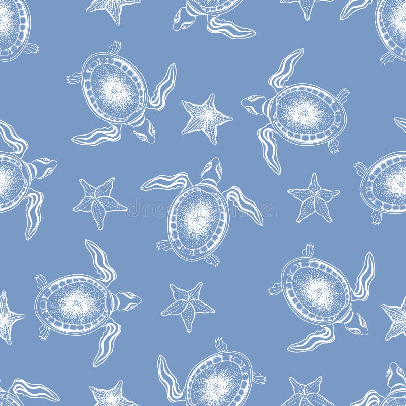 Turtle and starfish seamless pattern. Marine underwater background vector illustration