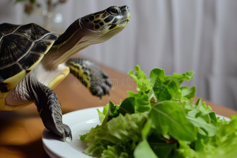Turtle Stretching Its Neck Towards a Plate of Leafy Greens Stock