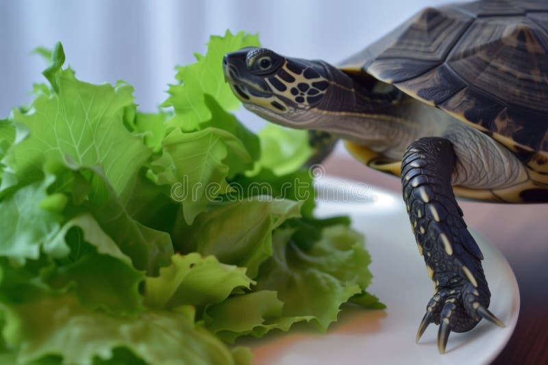 Turtle Stretching Its Neck Towards a Plate of Leafy Greens Stock