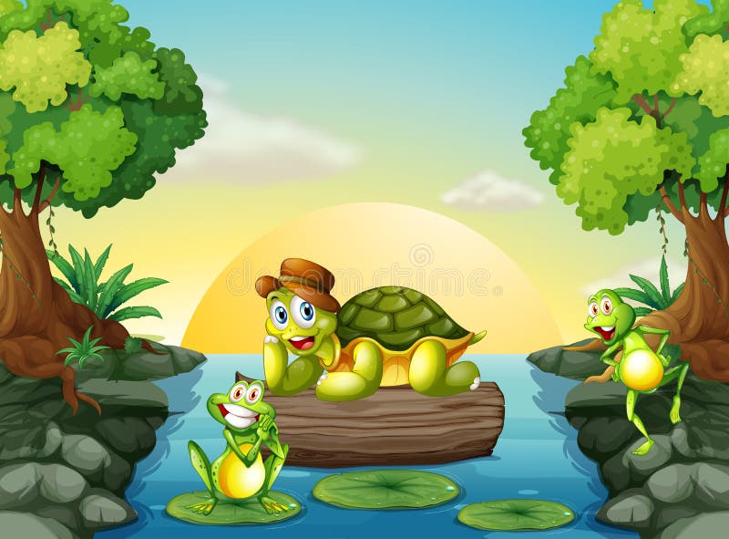 A Turtle And The Two Frogs At The River Stock Vector Illustration