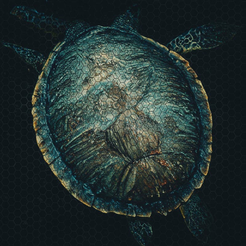 Turtle viewed from above, showcasing a textured, hexagonal-patterned shell with a stock illustration