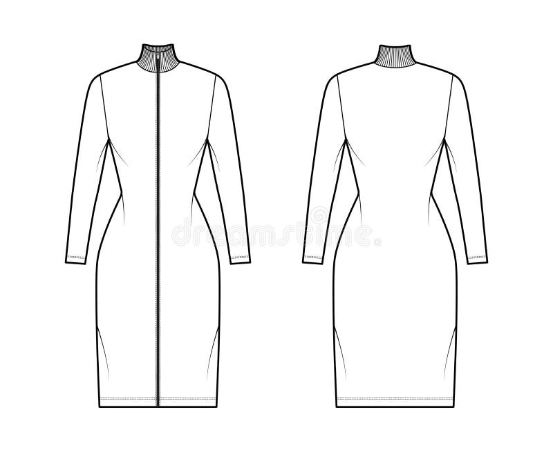 Turtleneck Zip-up Dress Technical Fashion Illustration with Long ...