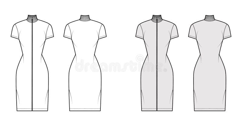 Turtleneck Zip-up Dress Technical Fashion Illustration with Short ...