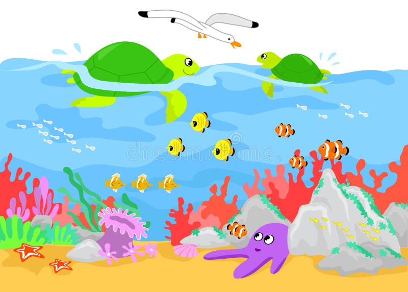 Turtles and marine life underwater stock illustration