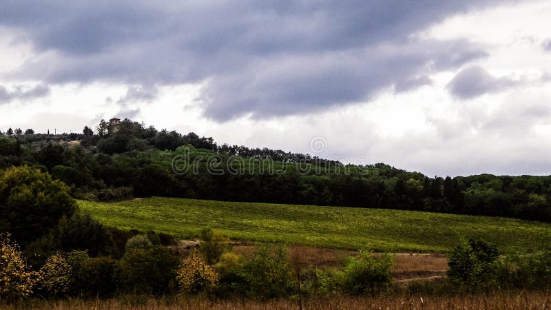 Tuscan field on a cloudy day stock photos