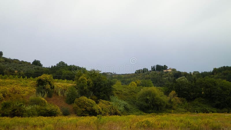 Tuscan field on a cloudy day royalty free stock photo