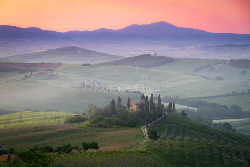 Tuscany Farmhouse Belvedere at dawn, Italy