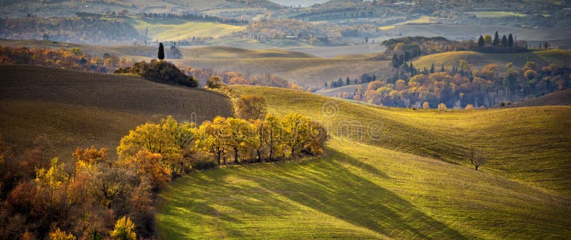 tuscany Paysage toscan, Rolling Hills à la lumière du coucher du soleil l'Italie image libre de droits tuscany Paysage toscan, Rolling Hills à la lumière du coucher du soleil l'Italie image libre de droits