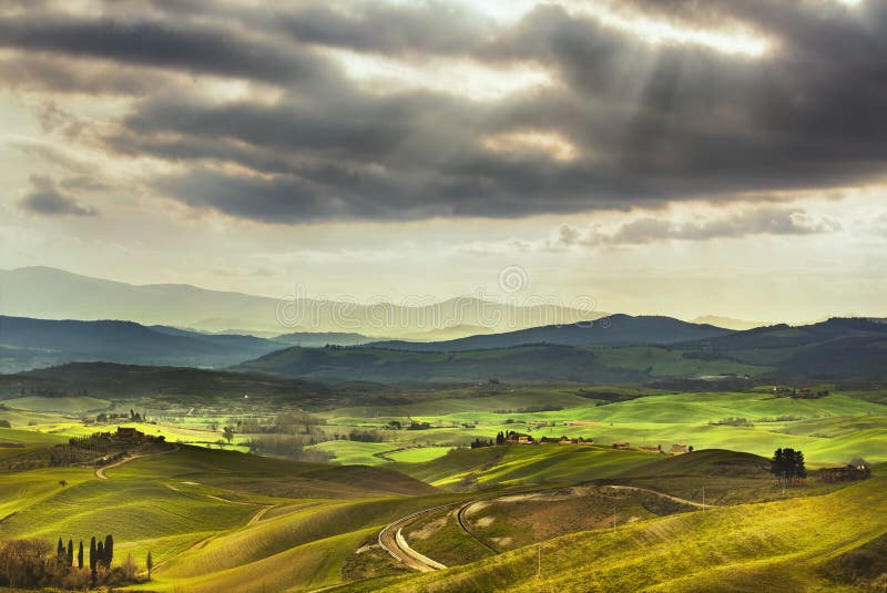 Tuscany Spring Rolling Hills On Sunset Rural Landscape Green Stock