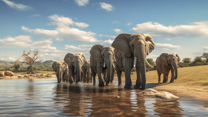 Tusks, Trunks, and Togetherness. The Wild Dance of Elephant Herds in Aquatic Delight. Generative AI.