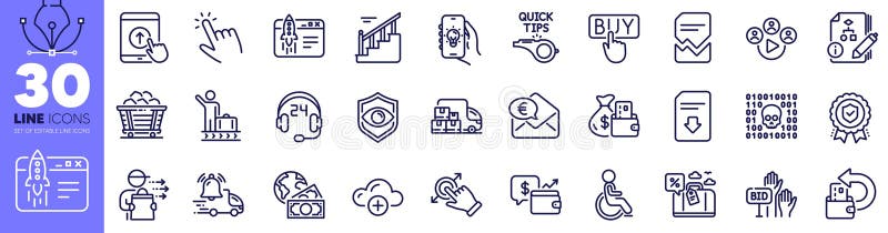 Tutorials, Insurance medal and Change money line icons pack. For web app. Vector stock illustration