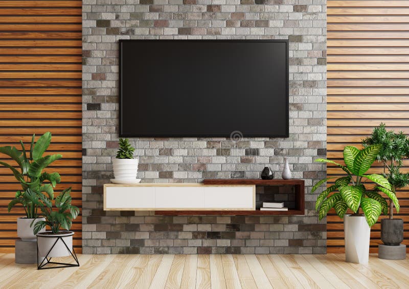 TV on the Brick Wall in the Living Room Has a Vase Placed on the TV Cabinet,  Decorated with Plant Pots on the  Rendering Stock Illustration -  Illustration of concept, furniture: