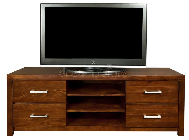 A classic brown wooden TV cabinet with a large LCD TV on it.