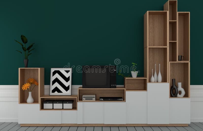 Mock Up Tv On Cabinet In Modern Empty Room Dark Green Wall On