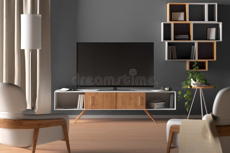 TV on the Cabinet in Modern Living Room on Gray Wall Background Stock  Illustration - Illustration of background, apartment: 187159130