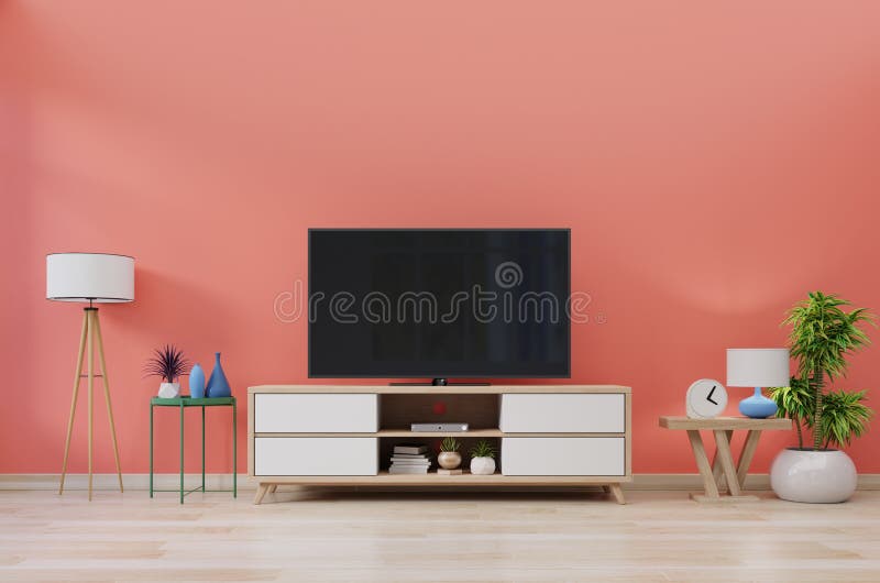 TV in Modern Room with Decoration on Living Coral Color Wall Background  Stock Illustration - Illustration of entertainment, colour: 240919521
