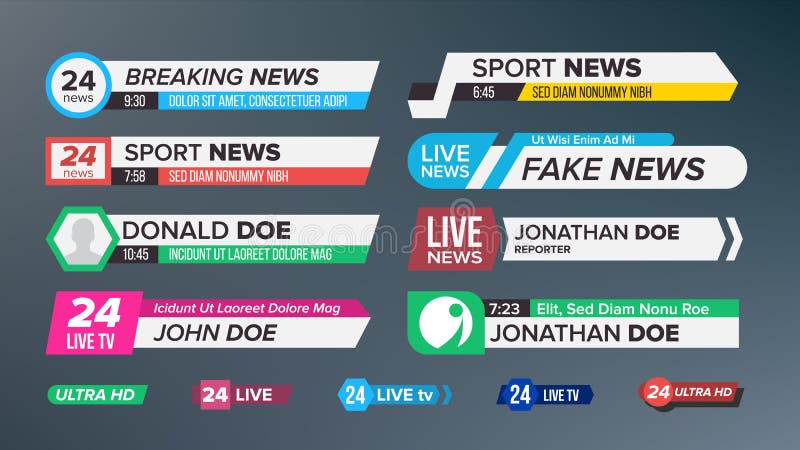 TV News Bars Set Vector. Sign Of Lower Third. live News, Ultra HD. Banners For Broadcasting Television Video. Isolated vector illustration TV News Bars Set Vector. Sign Of Lower Third. live News, Ultra HD. Banners For Broadcasting Television Video. Isolated vector illustration