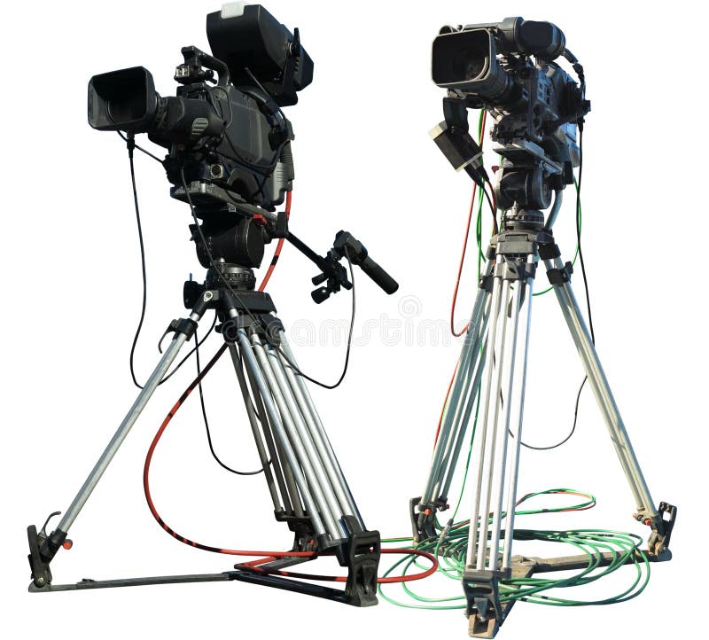 TV Professional studio digital video camera on tripod isolated over white