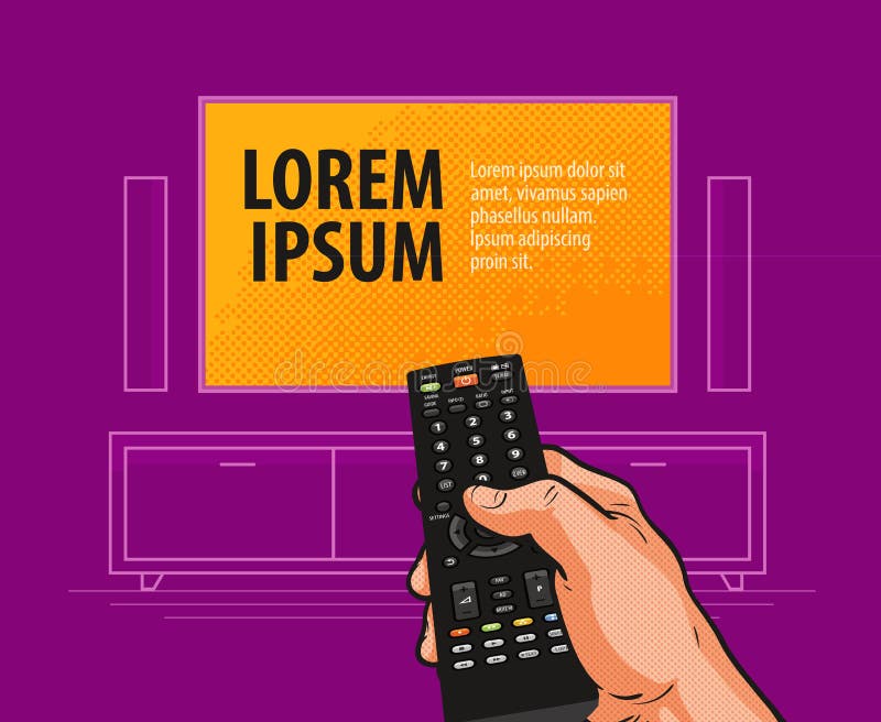 TV, remote control banner. Video, cinema, movie, film, television advertising concept. Comics vector illustration royalty free illustration