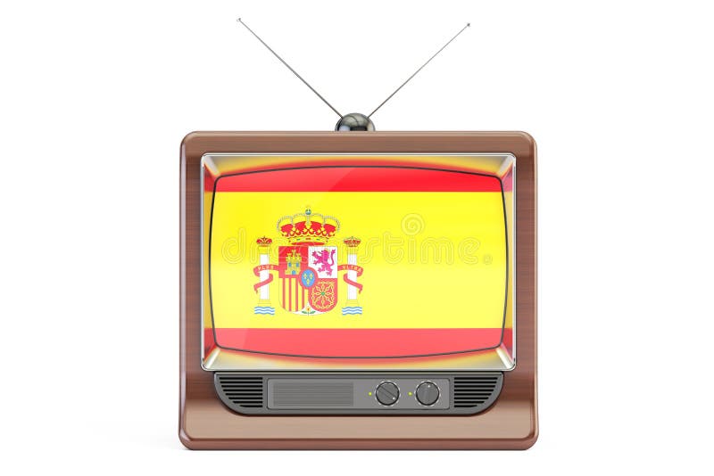 TV Set with Flag of Spain. Spanish Television Concept, 3D Render Stock Illustration