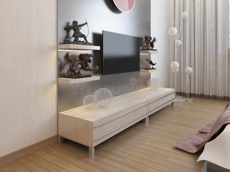 TV Shelves and a Cupboard Under the TV in the Bedroom. Stock Image