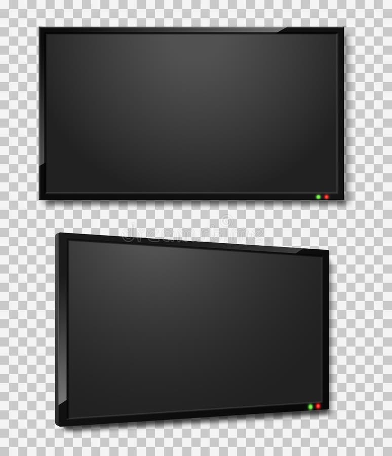 TV-skärm Realistiskt styrda eller lcd-tv-skärmar, svart bildskärm framifrån och vinkelvy Plasma med modern digital teknik vektor illustrationer