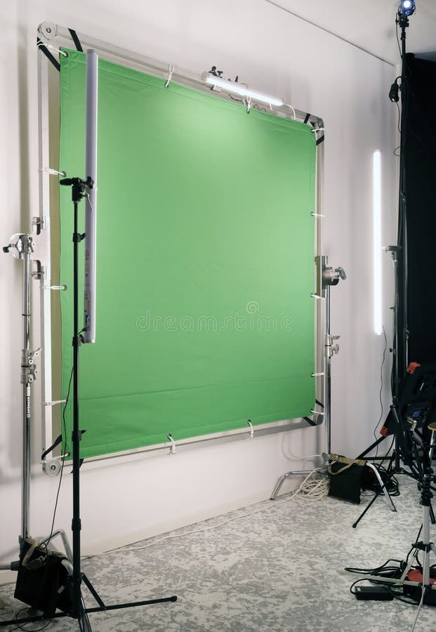 TV Studio with Green Screen, Lights, and Camera Stock Image Image of