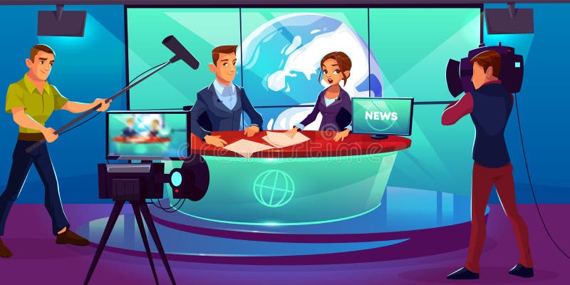 Tv studio, television presenters reporting news
