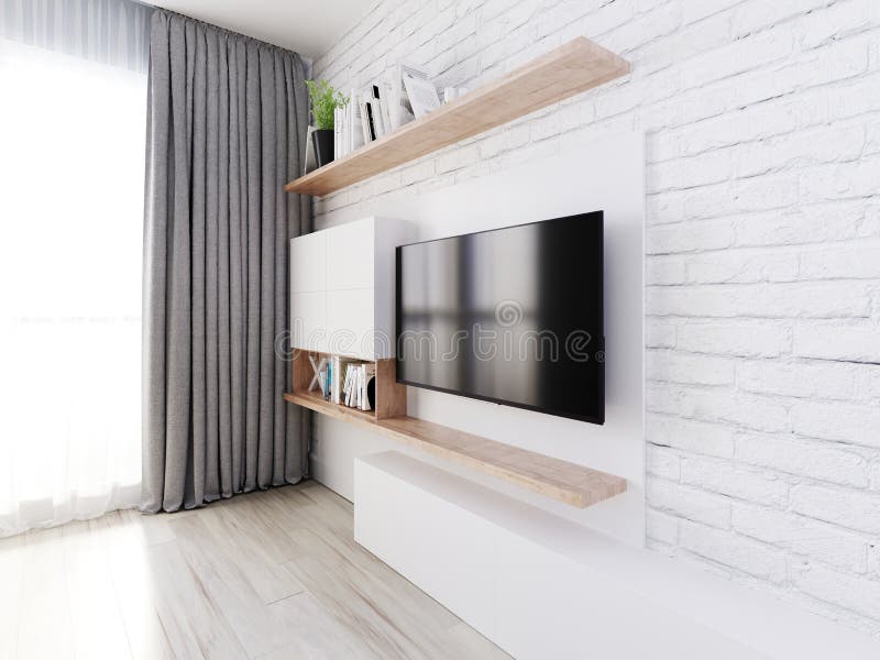 A TV Unit, TV Wall, TV Set, with a TV and Bookshelves. White Decorative Brick Wall. Wood Texture and Matt White Lockers Stock Illustration - Illustration of cabinet, decorative: 185559458 A Tv Unit, Tv Wall, Tv Set, With A Tv And Bookshelves. White Decorative Brick Wall. Wood Texture And Matt White Lockers Stock Illustration - Illustration Of Cabinet, Decorative: 185559458