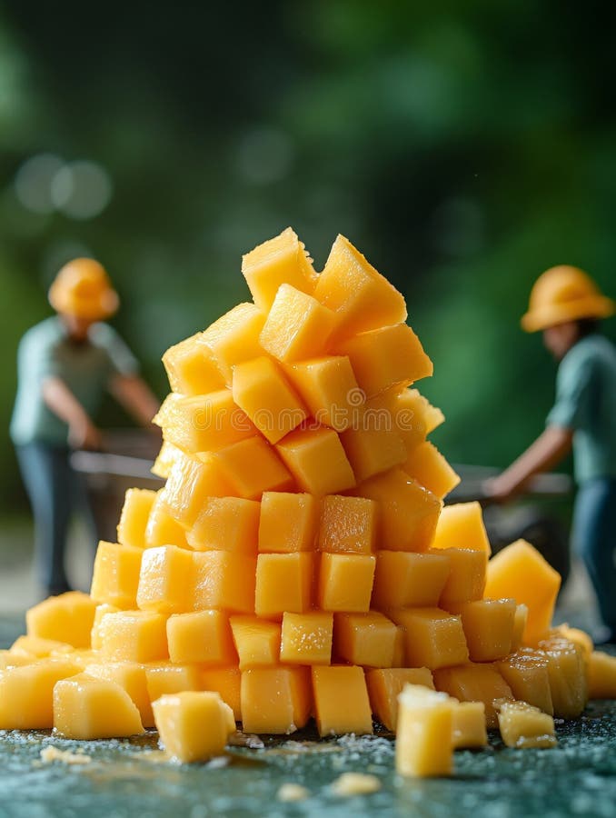 Två arbetare i gula hattar bereder färska mangokuber i en lush tropisk miljö med en organiserad hög av vibrerande frukt vektor illustrationer