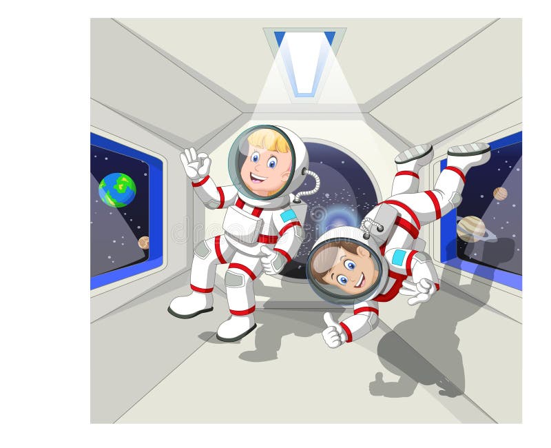 Två astronauter i nolltyngdpunktskartoon för kabinflygplan
