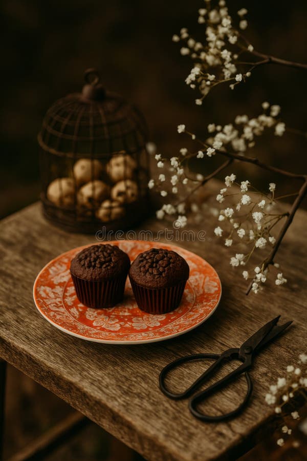 Två chokladmuffins sitter på en dekorativ orange och vit florplatta stock illustrationer