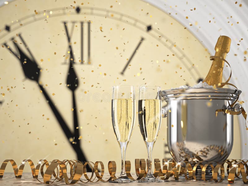Två exponeringsglas med champagne och flaskan framförande 3d vektor illustrationer Två exponeringsglas med champagne och flaskan framförande 3d vektor illustrationer