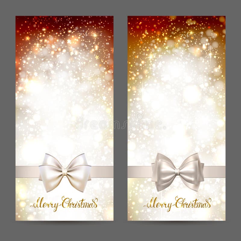 Två festliga hälsningkort med bandet bugar och skiner glad jul för guld- inskrift Blänka ferieXmas-hälsning royaltyfri illustrationer Två festliga hälsningkort med bandet bugar och skiner glad jul för guld- inskrift Blänka ferieXmas-hälsning royaltyfri illustrationer