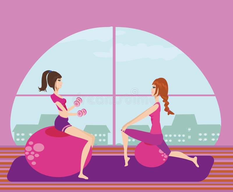 Två flickor som övar med Pilates passformbollar vektor illustrationer Två flickor som övar med Pilates passformbollar vektor illustrationer