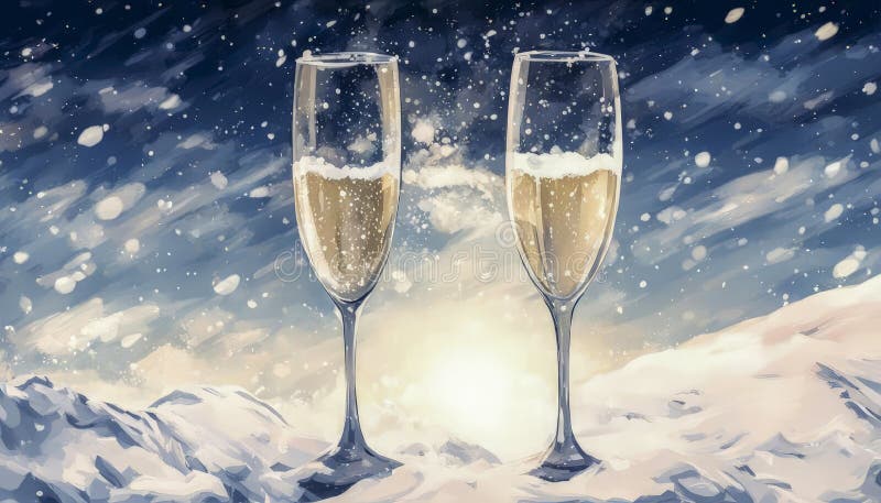 Två glas mousserande champagne i snön mot bakgrund av snöfall och snötäckta berg. romantisk middag. vinter stock illustrationer