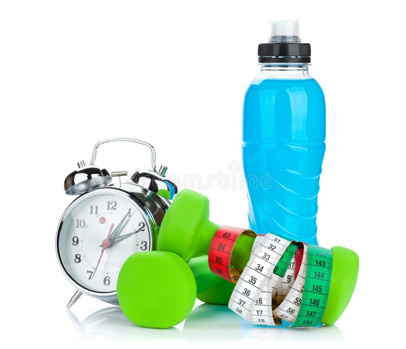 Två gröna dumbells, måttband, drinkflaska och ringklocka royaltyfria foton Två gröna dumbells, måttband, drinkflaska och ringklocka royaltyfria foton