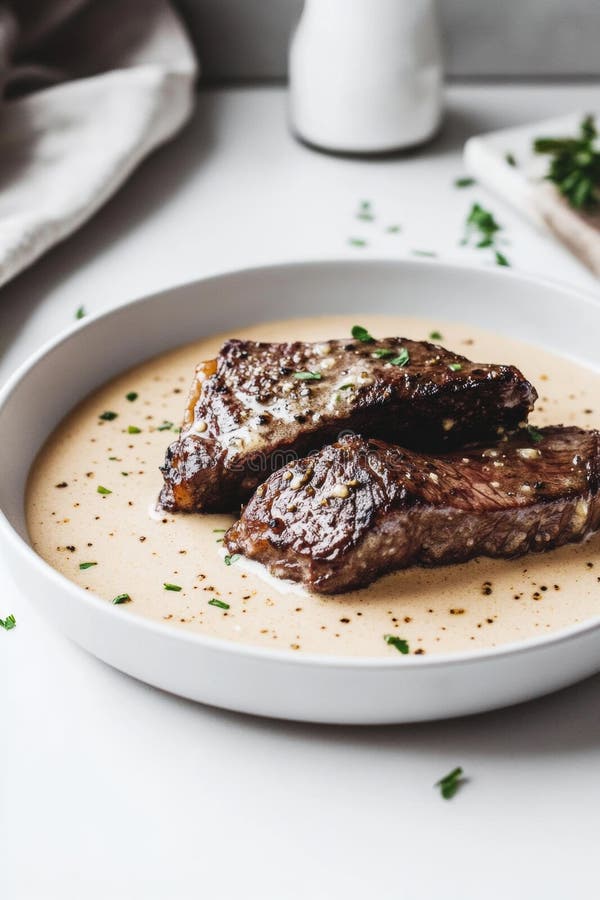 Två helt tillagade segment av steak lie ligger vid en mjuk krämsås som har behandlats med örter på en minimalistisk platta arkivbilder
