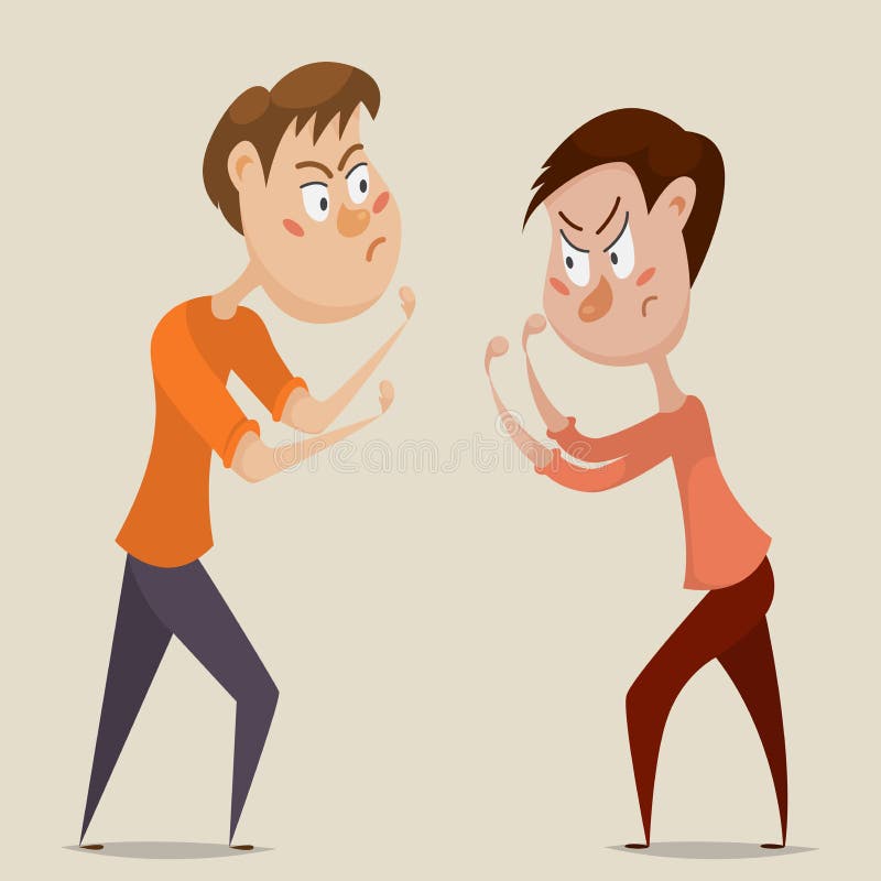 Two angry men quarrel and fight. Emotional concept of aggression and conflict. Cartoon characters. Vector illustration. Two angry men quarrel and fight. Emotional concept of aggression and conflict. Cartoon characters. Vector illustration