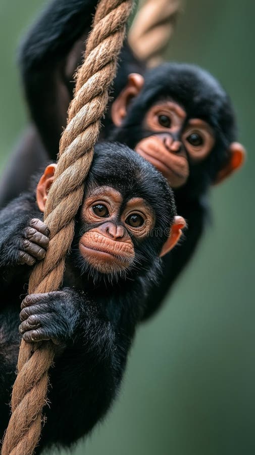 Två inkvisitiva babyapor ägnar sig åt lekfull antik medan de klättrar på ett tjockt rep omgivet av en vibrant tropisk. royaltyfria bilder