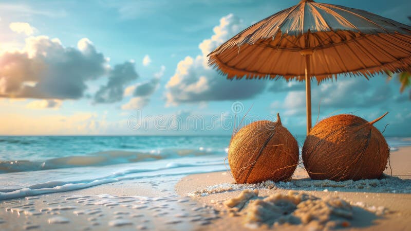 Two coconuts placed on the sand next to an open umbrella on a sunny beach. AI Generative AI generated. Two coconuts placed on the sand next to an open umbrella on a sunny beach. AI Generative AI generated