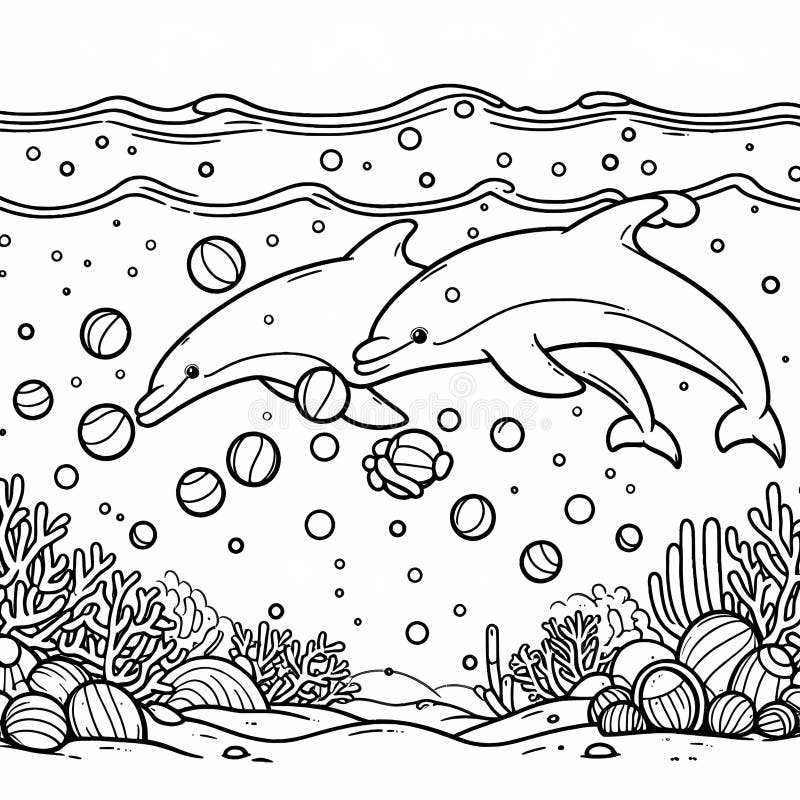 Två lekande delfiner som simmar och leker med bollar vektor illustrationer