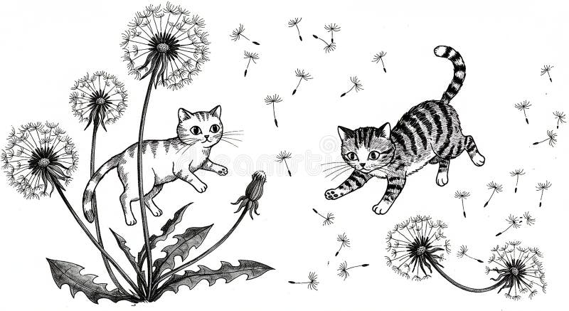 Två lekkattungar interagerar med dandelioner under flygning. En kattunge omgiven av stock illustrationer