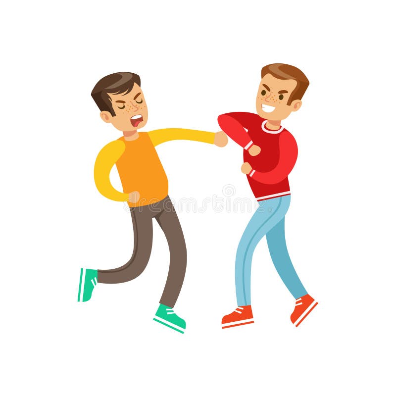 Two Equally Strong Boys Fist Fight Positions, Aggressive Bully In Long Sleeve Red Top Fighting Another Kid Who Is Weaker But Is Fighting Back. Flat Vector Teenage Aggression And Conflict Resulting In Street Fight Illustration. Two Equally Strong Boys Fist Fight Positions, Aggressive Bully In Long Sleeve Red Top Fighting Another Kid Who Is Weaker But Is Fighting Back. Flat Vector Teenage Aggression And Conflict Resulting In Street Fight Illustration.